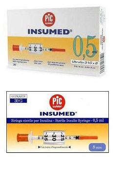 SIRINGA PER INSULINA PIC INSUMED 0,5 ML 100 UI AGO GAUGE 30 LUNGHEZZA 8 MM SENZA SPAZIO MORTO 3 SACCHETTI DA 10 PEZZI - Farmacianuova.eu