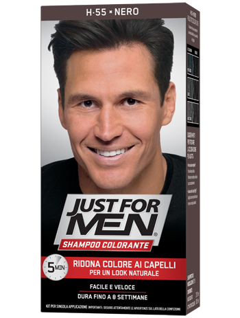 JUST FOR MEN SHAMPOO COLORANTE H55 NERO ATTIVATORE CHIARO 38,5 ML + BASE COLORE 27,5 ML - Farmacianuova.eu