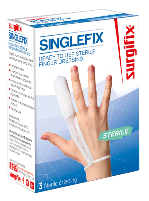 MEDICAZIONE STERILE PER DITO SINGLEFIX, COSTITUITA DA UNA GUAINA IN COTONE E DA UN'IMBOTTITURA INTERNA ASSORBENTE. SI APPLICA DIRETTAMENTE SULLA FERITA E SI FISSA AL POLSO - Farmacianuova.eu