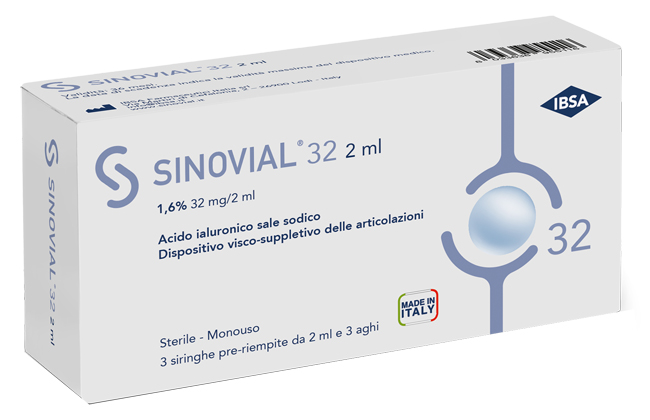 SIRINGA INTRA-ARTICOLARE SINOVIAL 32 ACIDO IALURONICO SALE SODICO 1,6% 32MG/2ML 3 SIRINGHE X 2ML + 3 AGHI - Farmacianuova.eu