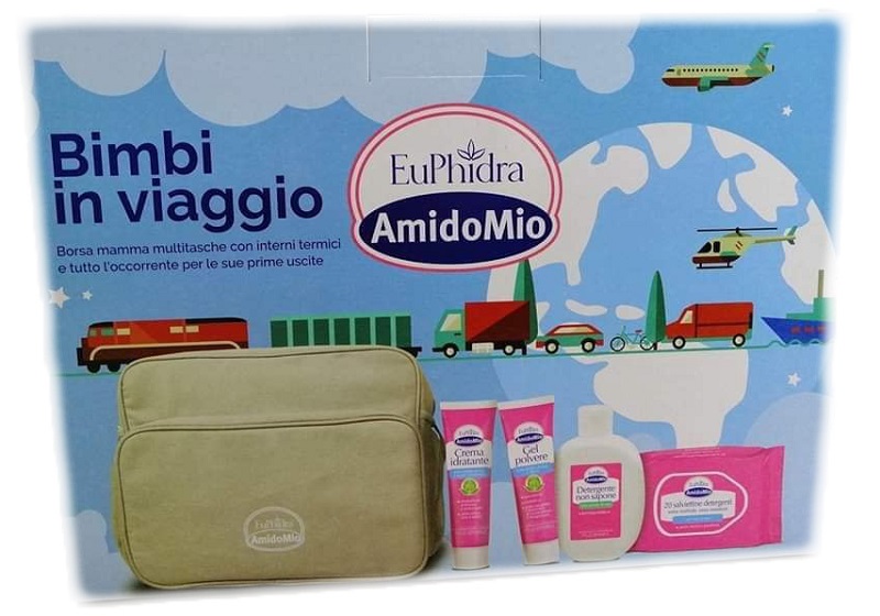 EUPHIDRA AMIDOMIO BORSA BIMBI VIAGGIO GEL POLVERE 50 ML + DETERGENTE NON SAPONE 200 ML + CREMA IDRATANTE 50 ML + SALVIETTINE 20 PEZZI - Farmacianuova.eu