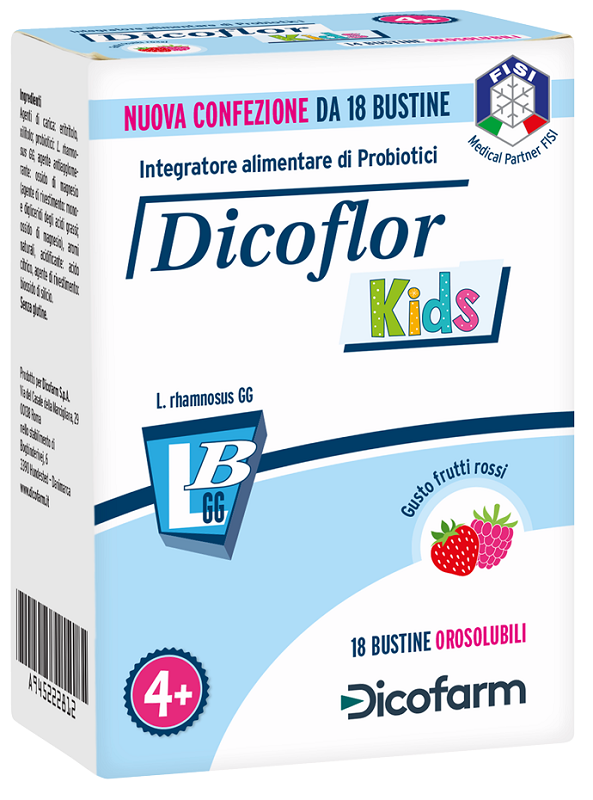 DICOFLOR KIDS 18 BUSTINE OROSOLUBILI GUSTO FRUTTI ROSSI - Farmacianuova.eu