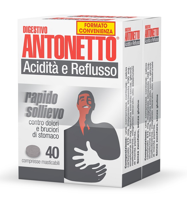 DIGESTIVO ANTONETTO ACIDITA' E REFLUSSO 80 COMPRESSE MASTICABILI 2 ASTUCCI DA 40 COMPRESSE - Farmacianuova.eu