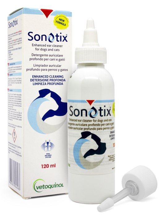 SONOTIX DETERGENTE AURICOLARE PROFONDO CANI E GATTI 120 ML + CANNULA CORTA RIGIDA + CANNULA LUNGA FLESSIBILE - Farmacianuova.eu