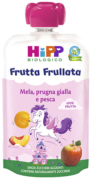 HIPP BIO FRUTTA FRULLATA UNICORNO MELA PRUGNA GIALLA PESCA 90 G - Farmacianuova.eu