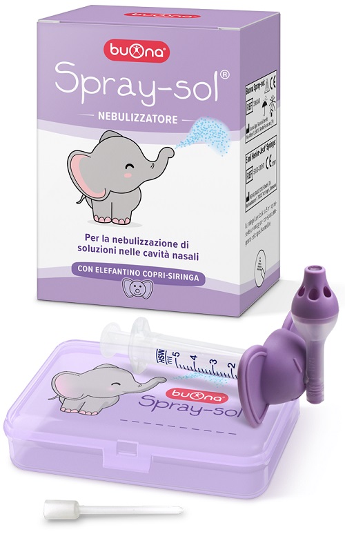BUONA SPRAY-SOL KIT 5 PEZZI 1 SPRAY SOL + 1 SIRINGA LUER LOCK DA 5 ML + 1 AGO CANNULA + ELEFANTINO COPRI-SIRINGA - Farmacianuova.eu