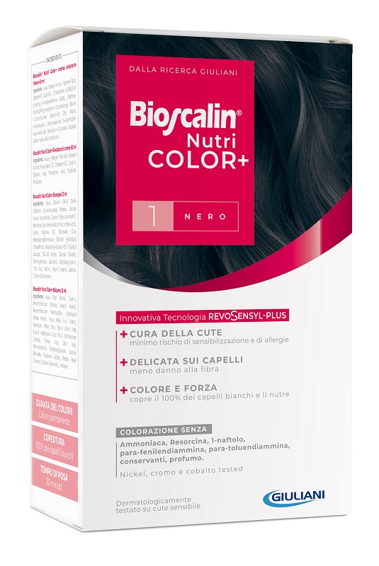 BIOSCALIN NUTRICOLOR PLUS 1 NERO CREMA COLORANTE 40 ML + RIVELATORE CREMA 60 ML + SHAMPOO 12 ML + TRATTAMENTO FINALE BALSAMO 12 ML - Farmacianuova.eu