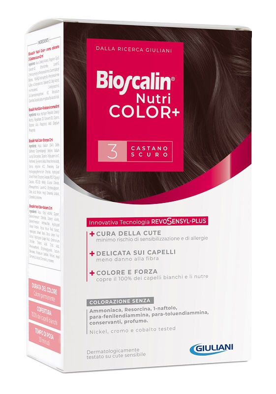 BIOSCALIN NUTRICOLOR PLUS 3 CASTANO SCURO CREMA COLORANTE 40 ML + RIVELATORE CREMA 60 ML + SHAMPOO 12 ML + TRATTAMENTO FINALE BALSAMO 12 ML - Farmacianuova.eu