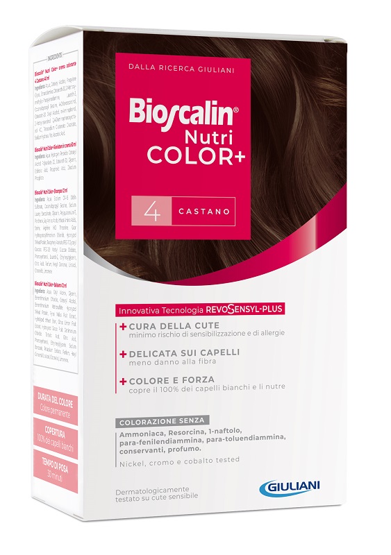 BIOSCALIN NUTRICOLOR PLUS 4 CASTANO CREMA COLORANTE 40 ML + RIVELATORE CREMA 60 ML + SHAMPOO 12 ML + TRATTAMENTO FINALE BALSAMO 12 ML - Farmacianuova.eu