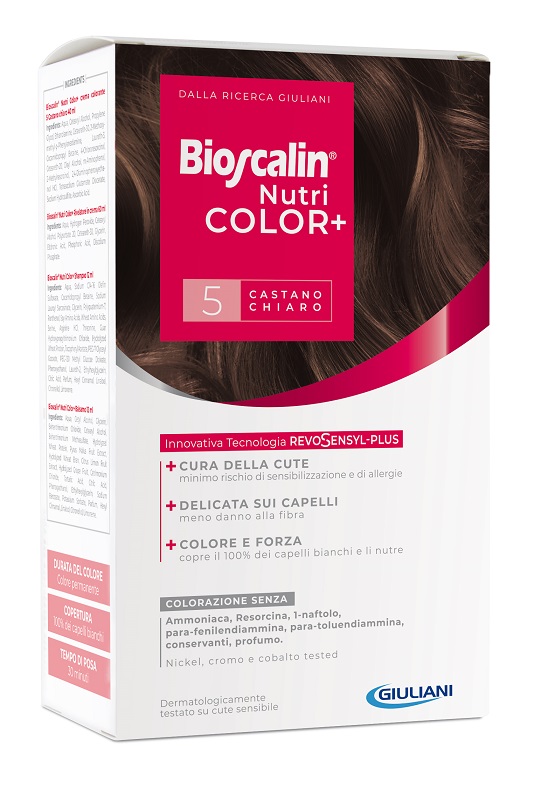 BIOSCALIN NUTRICOLOR PLUS 5 CASTANO CHIARO CREMA COLORANTE 40 ML + RIVELATORE CREMA 60 ML + SHAMPOO 12 ML + TRATTAMENTO FINALE BALSAMO 12 ML - Farmacianuova.eu