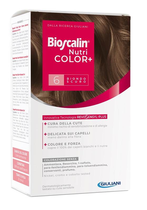 BIOSCALIN NUTRICOLOR PLUS 6 BIONDO SCURO CREMA COLORANTE 40 ML + RIVELATORE CREMA 60 ML + SHAMPOO 12 ML + TRATTAMENTO FINALE BALSAMO 12 ML - Farmacianuova.eu
