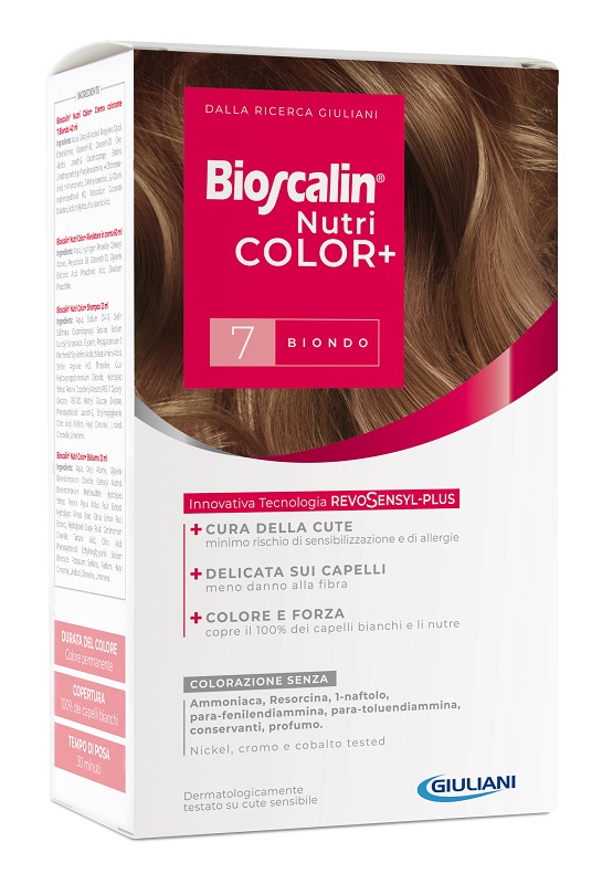 BIOSCALIN NUTRICOLOR PLUS 7 BIONDO CREMA COLORANTE 40 ML + RIVELATORE CREMA 60 ML + SHAMPOO 12 ML + TRATTAMENTO FINALE BALSAMO 12 ML - Farmacianuova.eu