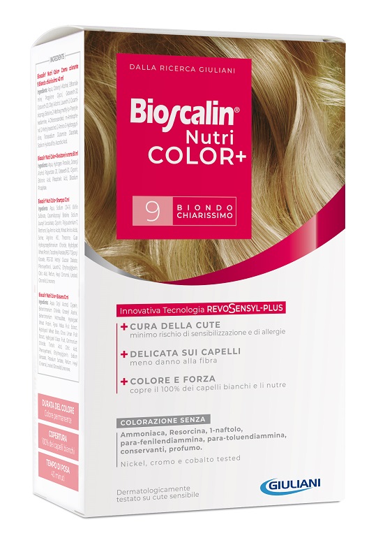 BIOSCALIN NUTRICOLOR PLUS 9 BIONDO CHIARISSIMO CREMA COLORANTE 40 ML + RIVELATORE CREMA 60 ML + SHAMPOO 12 ML + TRATTAMENTO FINALE BALSAMO 12 ML - Farmacianuova.eu