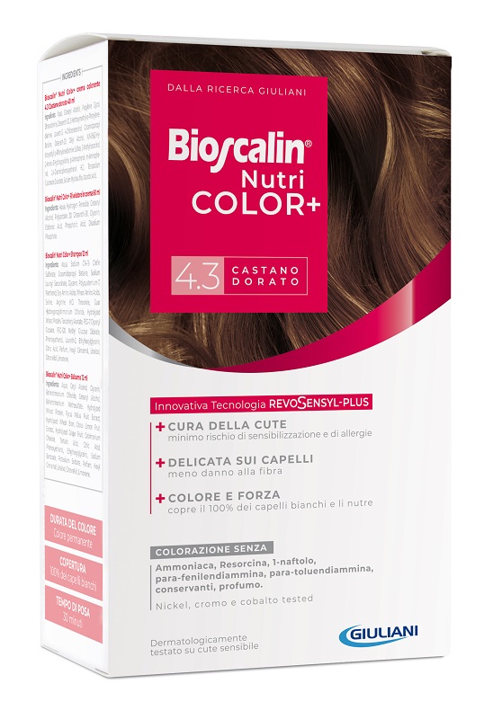 BIOSCALIN NUTRICOLOR PLUS 4,3 CASTANO DORATO CREMA COLORANTE 40 ML + RIVELATORE CREMA 60 ML + SHAMPOO 12 ML + TRATTAMENTO FINALE BALSAMO 12 ML - Farmacianuova.eu