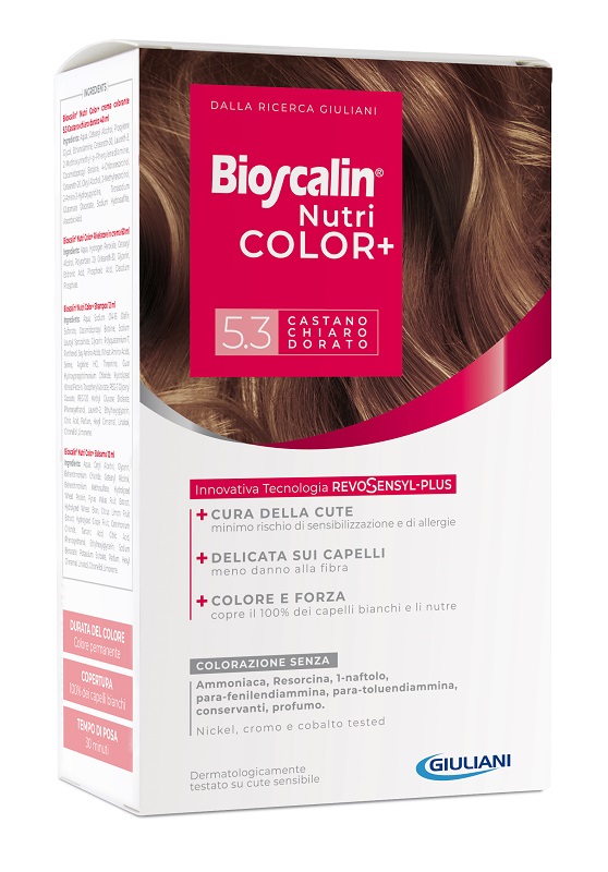 BIOSCALIN NUTRICOLOR PLUS 5,3 CASTANO CHIARO DORATO CREMA COLORANTE 40 ML + RIVELATORE CREMA 60 ML + SHAMPOO 12 ML + TRATTAMENTO FINALE BALSAMO 12 ML - Farmacianuova.eu