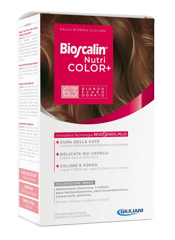 BIOSCALIN NUTRICOLOR PLUS 6,3 BIONDO SCURO DORATO CREMA COLORANTE 40 ML + RIVELATORE CREMA 60 ML + SHAMPOO 12 ML + TRATTAMENTO FINALE BALSAMO 12 ML - Farmacianuova.eu