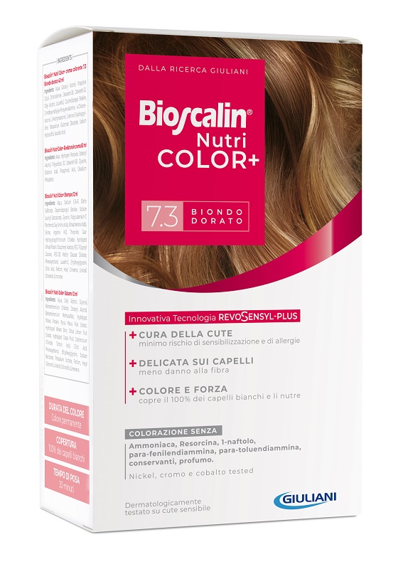 BIOSCALIN NUTRICOLOR PLUS 7,3 BIONDO DORATO CREMA COLORANTE 40 ML + RIVELATORE CREMA 60 ML + SHAMPOO 12 ML + TRATTAMENTO FINALE BALSAMO 12 ML - Farmacianuova.eu