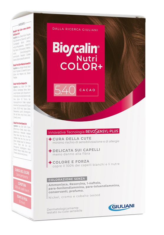 BIOSCALIN NUTRICOLOR PLUS 5,40 CACAO CREMA COLORANTE 40 ML + RIVELATORE CREMA 60 ML + SHAMPOO 12 ML + TRATTAMENTO FINALE BALSAMO 12 ML - Farmacianuova.eu