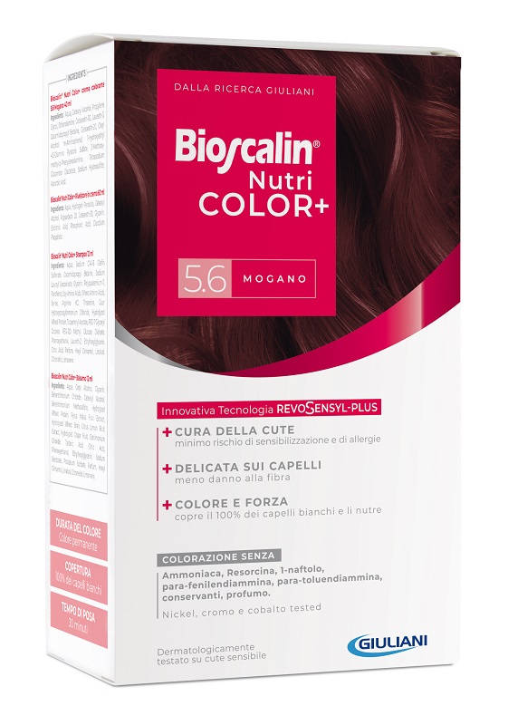 BIOSCALIN NUTRICOLOR PLUS 5,6 MOGANO CREMA COLORANTE 40 ML + RIVELATORE CREMA 60 ML + SHAMPOO 12 ML + TRATTAMENTO FINALE BALSAMO 12 ML - Farmacianuova.eu