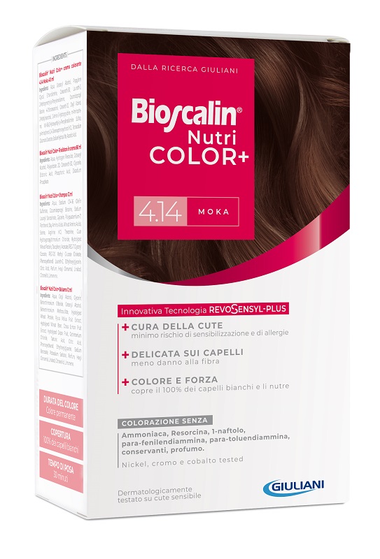 BIOSCALIN NUTRICOLOR PLUS 4,14 MOKA CREMA COLORANTE 40 ML + RIVELATORE CREMA 60 ML + SHAMPOO 12 ML + TRATTAMENTO FINALE BALSAMO 12 ML - Farmacianuova.eu