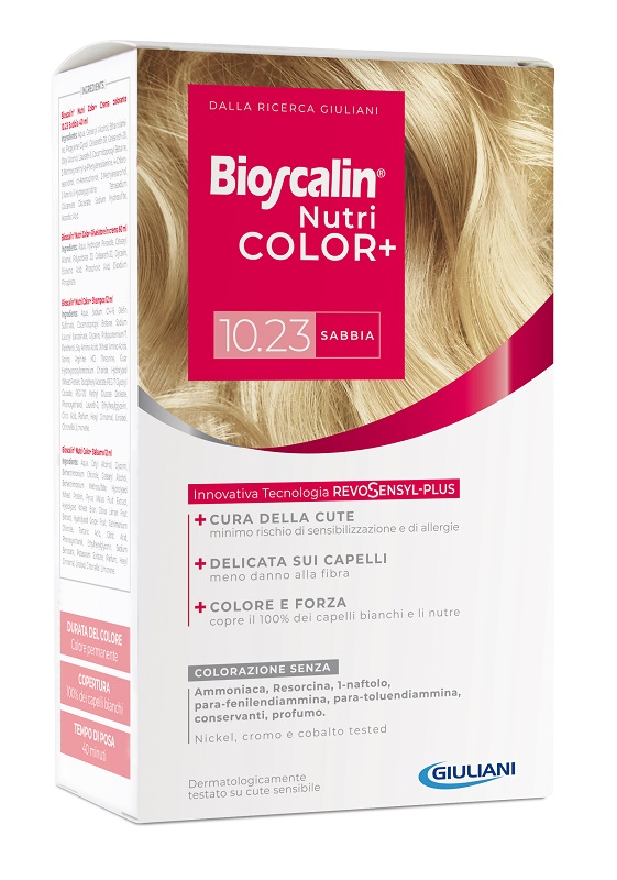 BIOSCALIN NUTRICOLOR PLUS 10,23 SABBIA CREMA COLORANTE 40 ML + RIVELATORE CREMA 60 ML + SHAMPOO 12 ML + TRATTAMENTO FINALE BALSAMO 12 ML - Farmacianuova.eu