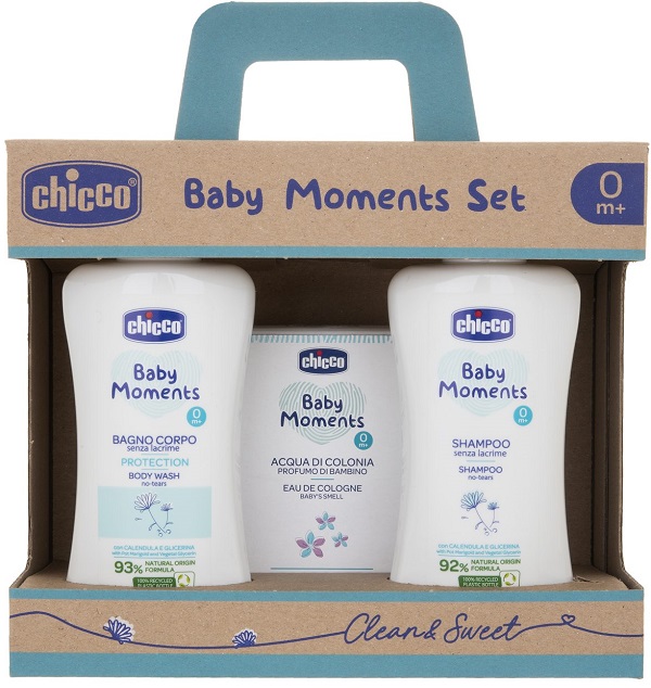 CHICCO BABY MOMENTS SET BAGNOSCHIUMA PELLI DELICATE 200 ML + SHAMPOO PELLI DELICATE 200 ML + ACQUA DI COLONIA BABY SMELL PELLI DELICATE 100 ML - Farmacianuova.eu