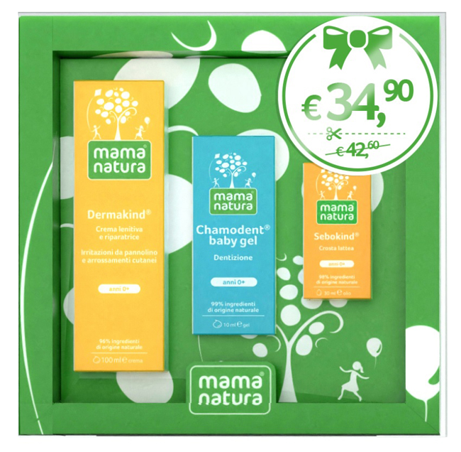 MAMA NATURA COFANETTO 1 CHAMODENT BABY GEL DENTIZIONE 10 ML + 1 DERMAKIND CREMA LENITIVA RIPARATRICE 100 ML + 1 SEBOKIND CROSTA LATTEA 30 ML - Farmacianuova.eu