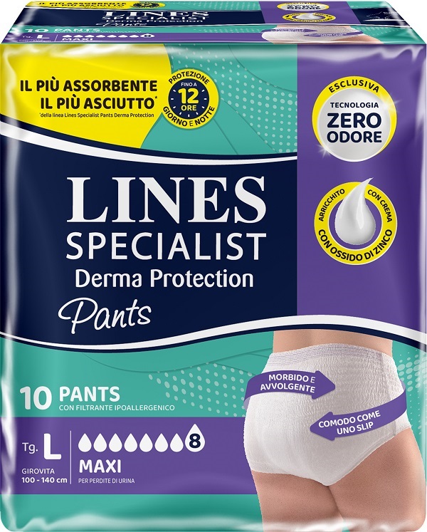 PANNOLONE PER INCONTINENZA LINES SPECIALIST DERMA PANTS MAXI L 10 PEZZI - Farmacianuova.eu