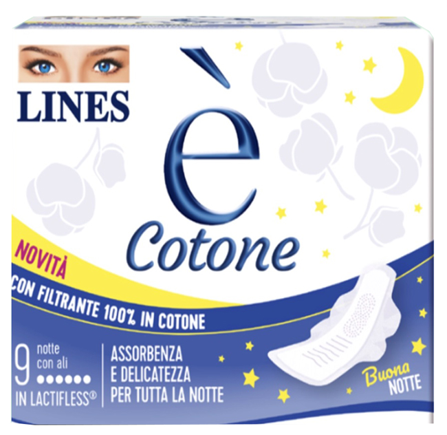 LINES E' COTONE ALI ASSORBENTE ESTERNO NOTTE 9 PEZZI - Farmacianuova.eu