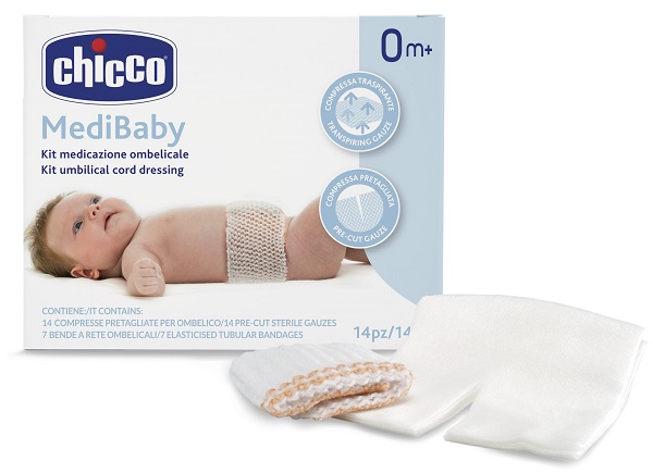 CHICCO KIT MEDICAZIONE OMBELICALE BENDA A RETE ELASTICA CALIBRO 6 + COMPRESSE IN TNT STERILI 10X10 CM 4 PEZZI - Farmacianuova.eu
