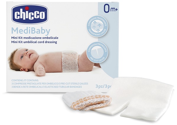 CHICCO MINI KIT MEDICAZIONE OMBELICALE BENDA A RETE ELASTICA CALIBRO 6 + COMPRESSE IN TNT STERILI 10X10 CM 4 PEZZI - Farmacianuova.eu